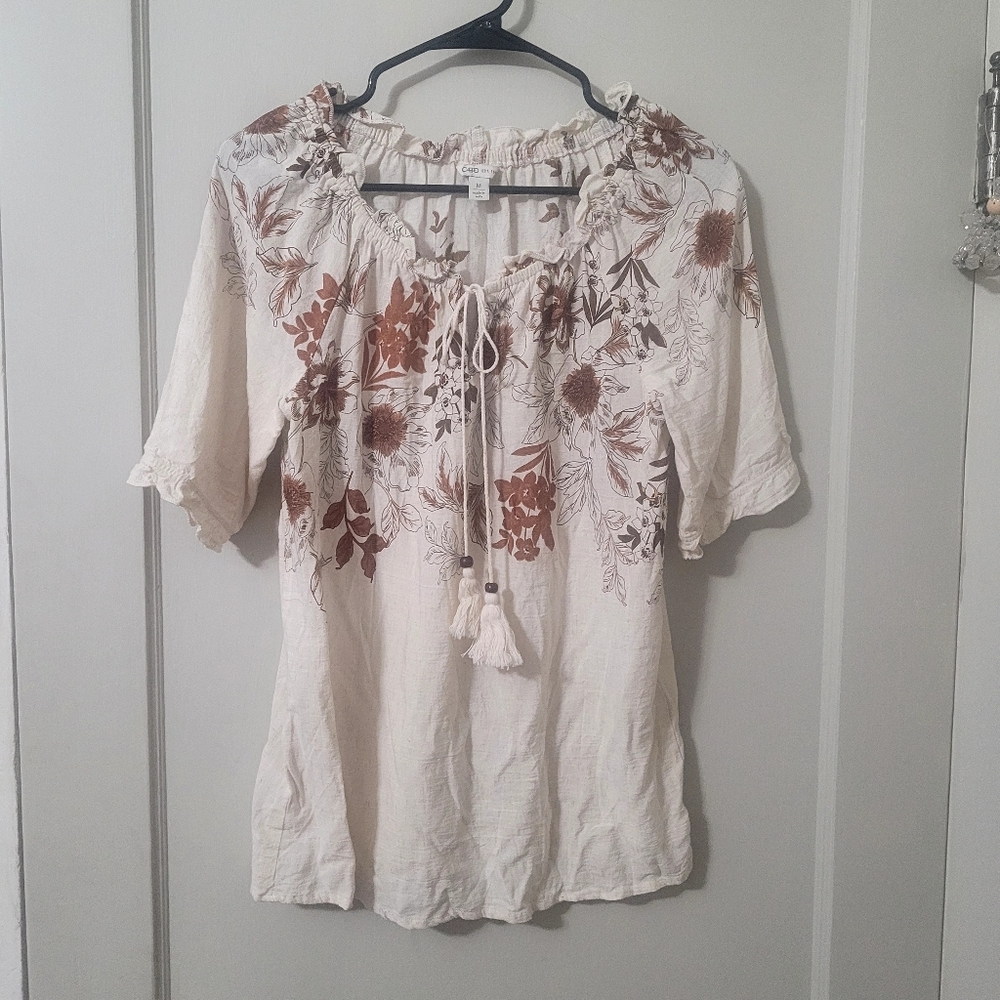 Short Sleeve Boho Blouse With Fall Leaves And Flowers,  Size M